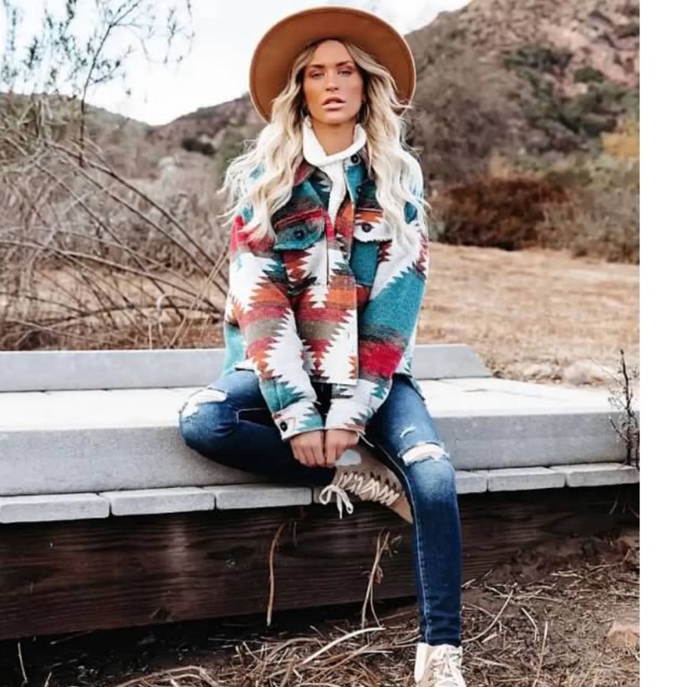 Aztec style distressed button down Shacket